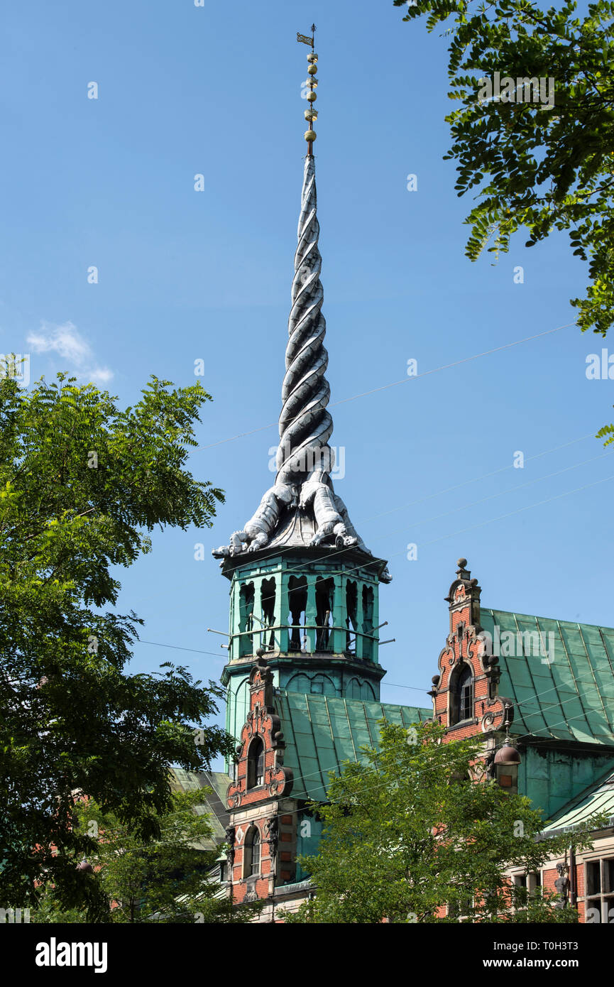 Denmark, Copenaghen, The Stock Exchange Building and spire Stock Photo