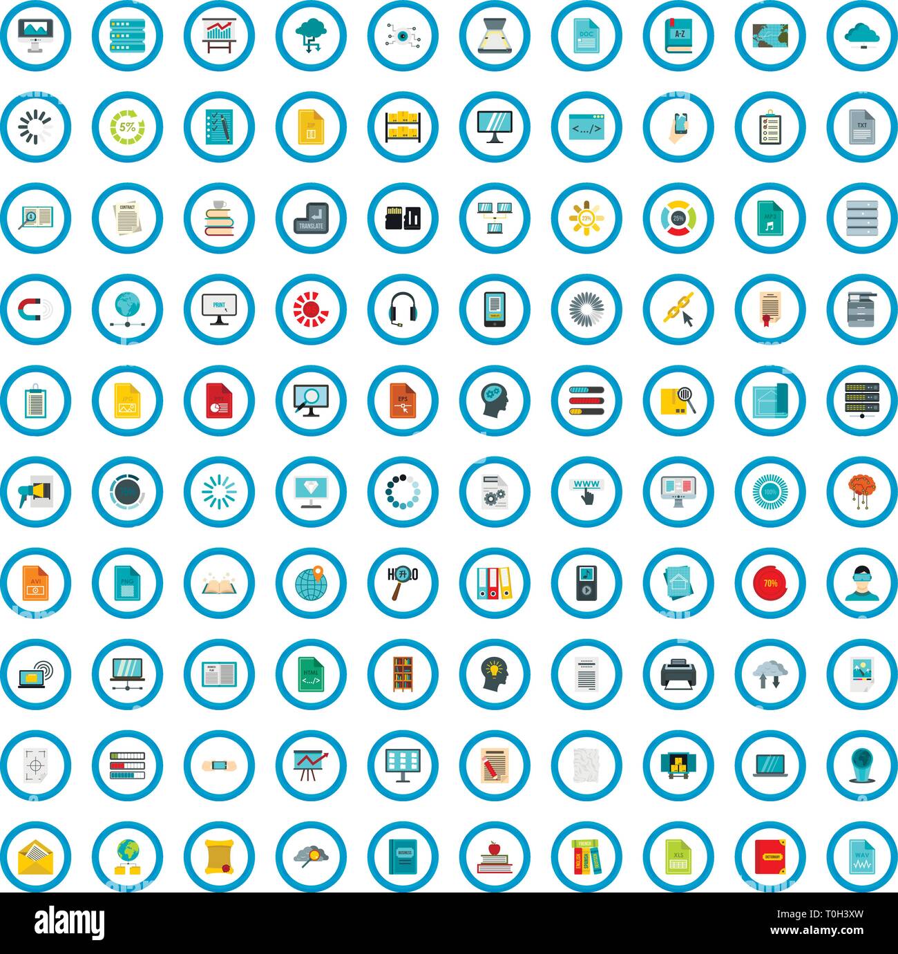 100 information book icons set, flat style Stock Vector