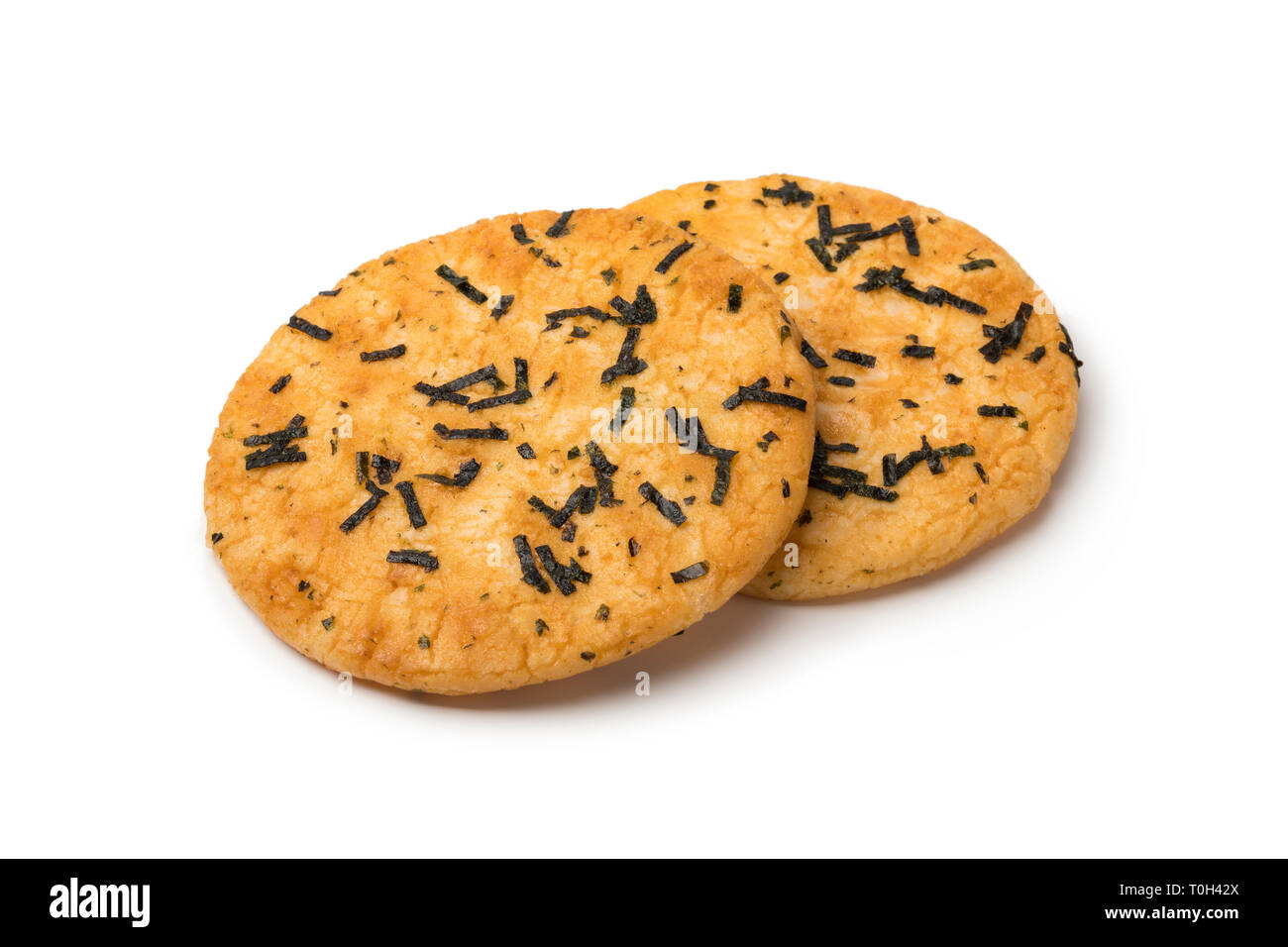 Pair of traditional Japanese rice crackers with nori seaweed Stock Photo