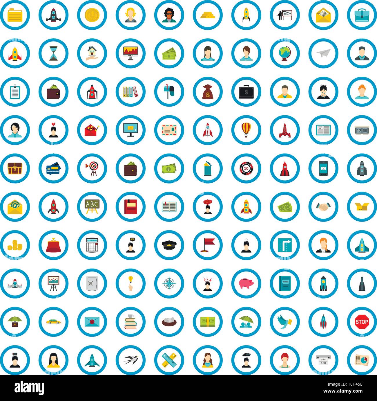 100 initiation icons set, flat style Stock Vector