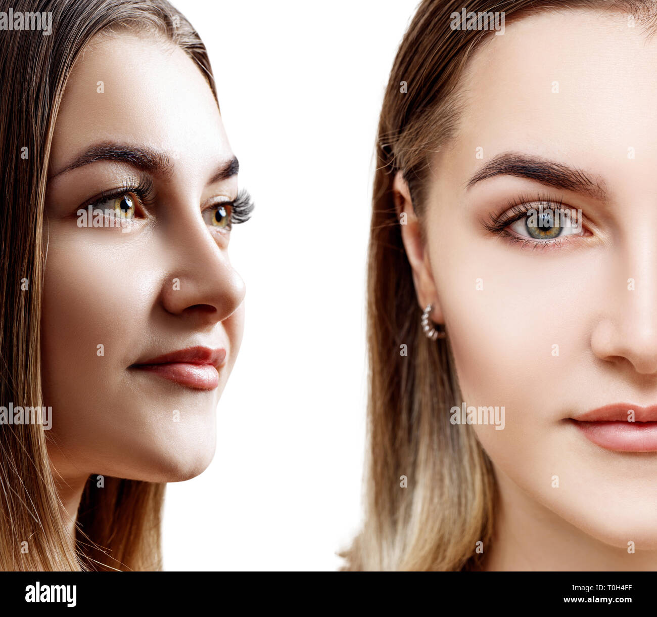 Collage of beautiful female face with perfect skin Stock Photo