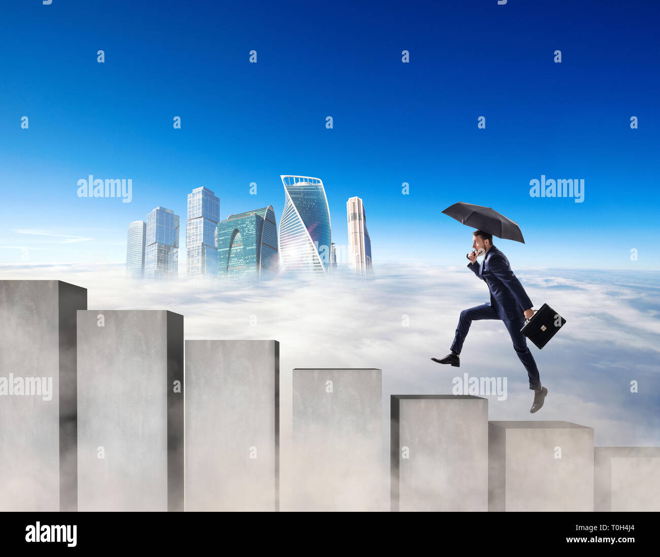 Businessman running on the concrete stairs blocks Stock Photo Alamy