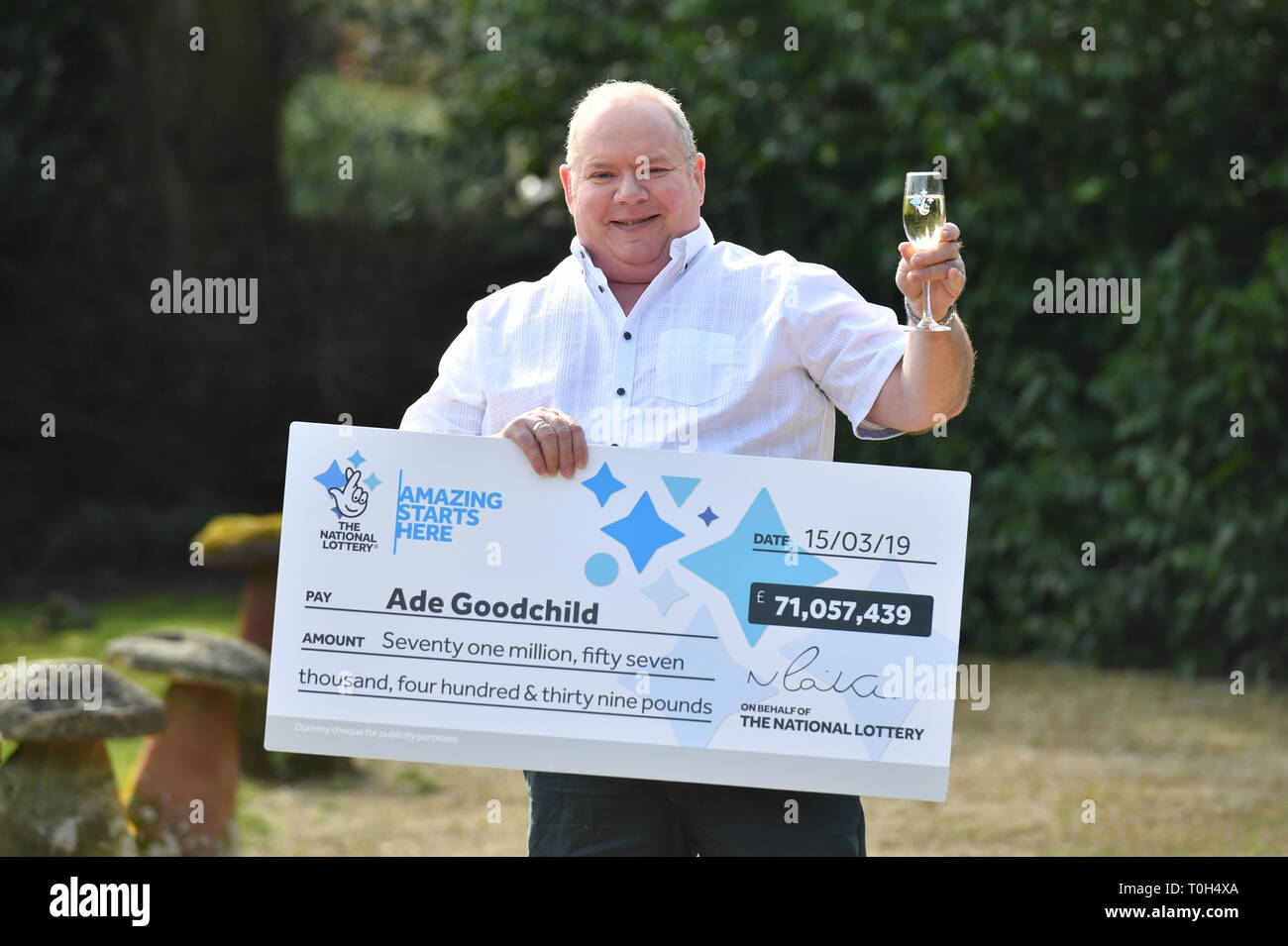 Ade Goodchild, 58, a factory worker from Hereford celebrates after scooping £71,057,439 in Friday's EuroMillions draw at the Abbey Hotel, Great Malvern. Stock Photo