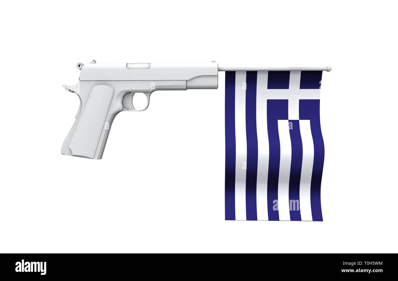 Greece gun control concept. Hand gun with national flag Stock Photo Alamy