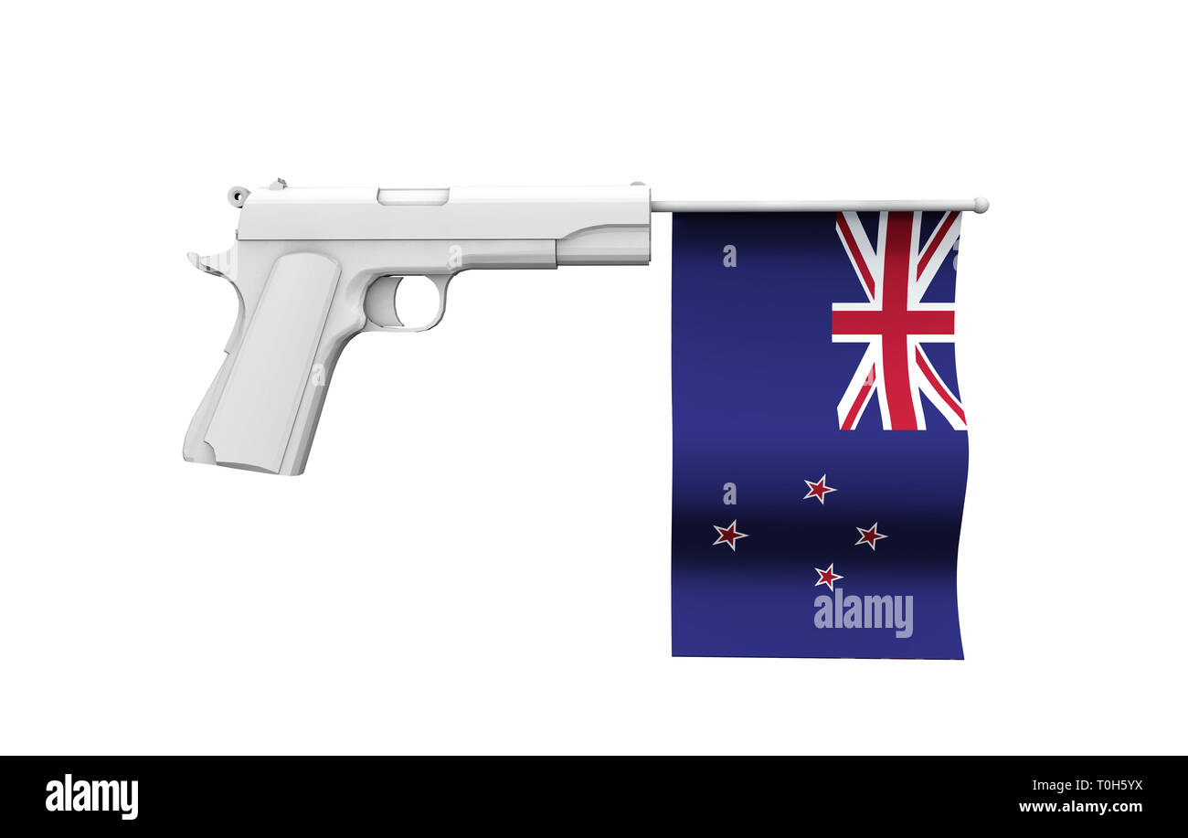 New Zealand gun control concept. Hand gun with national flag Stock