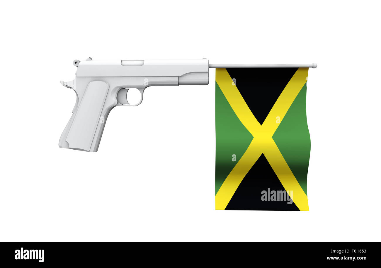 Jamaica gun control concept. Hand gun with national flag Stock Photo