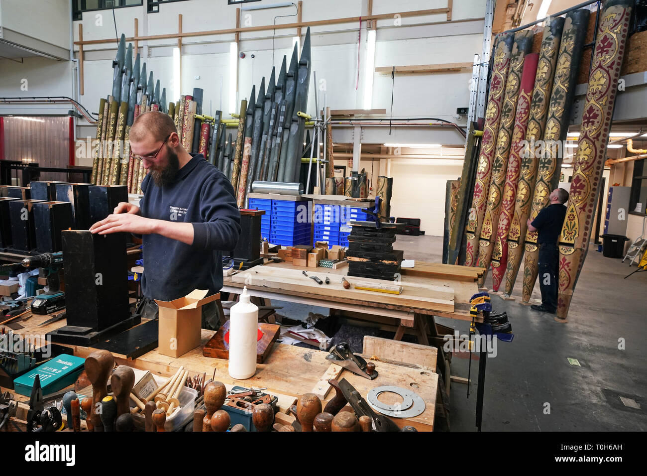 Technicians Jim Reeves 38 (right) and Tom Hobbs, 23, from organ specialists Harrison and Harrison in Durham, with some of almost 5,403 pipes removed from York Minster's Grand Organ, which will be repaired or refurbished at their workshop in Durham. Stock Photo