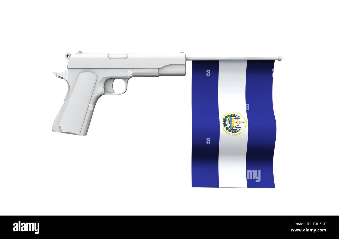 El Salvador gun control concept. Hand gun with national flag Stock
