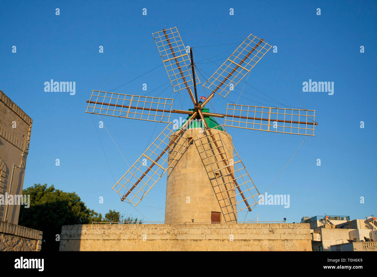 View of windmill from Hop On Hop Off Bus, Gozo Malta Stock Photo