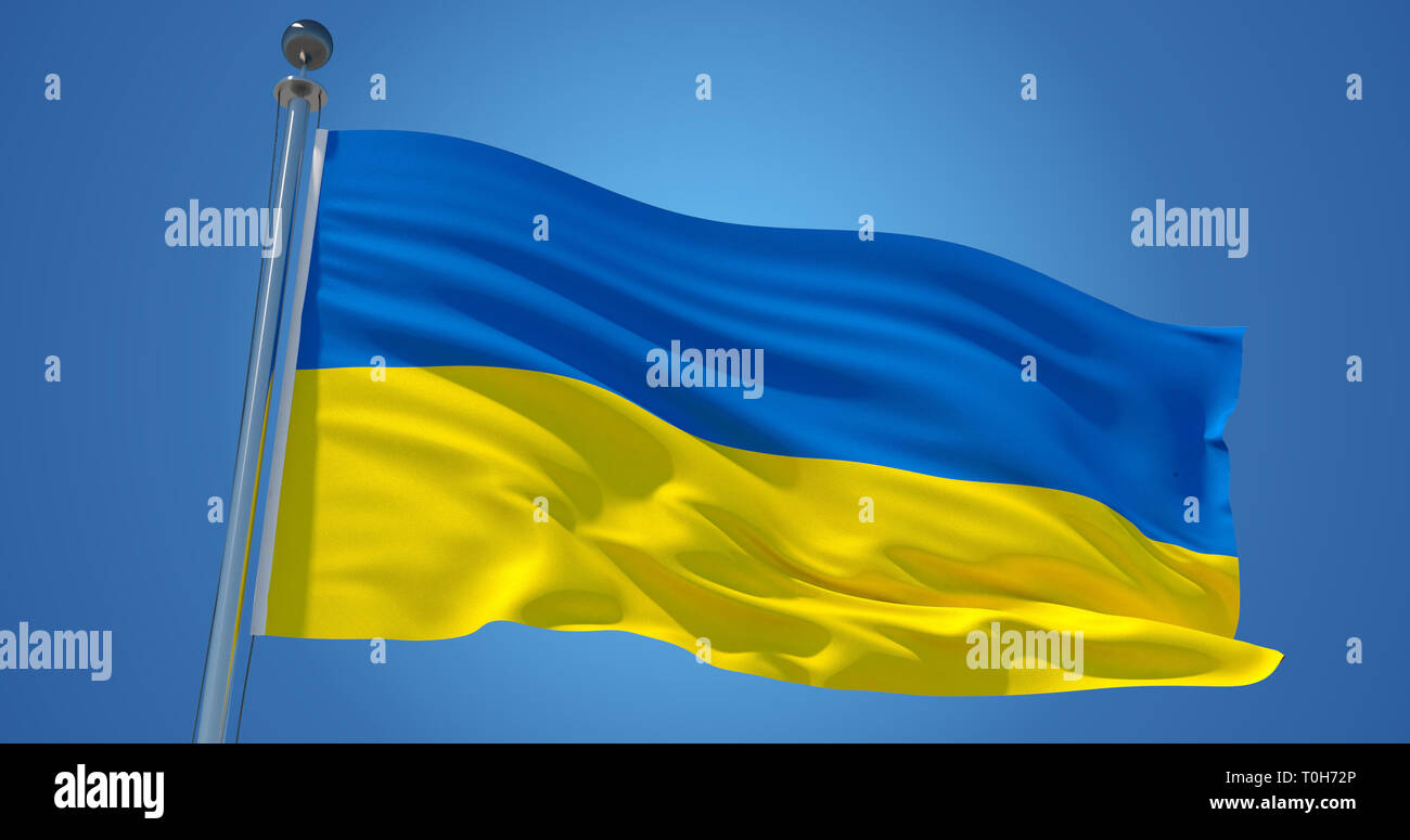 Fluttering silk flag of Ukraine.  Ukrainian official flag in the wind against clear blue sky. 3d render Stock Photo