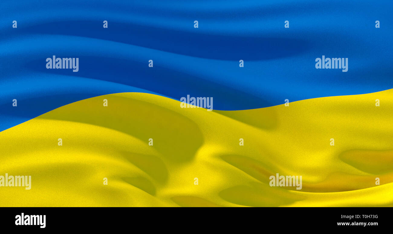 Fluttering silk flag of Ukraine in the wind, colorful background. 3d illustration. 4K High quality render Stock Photo