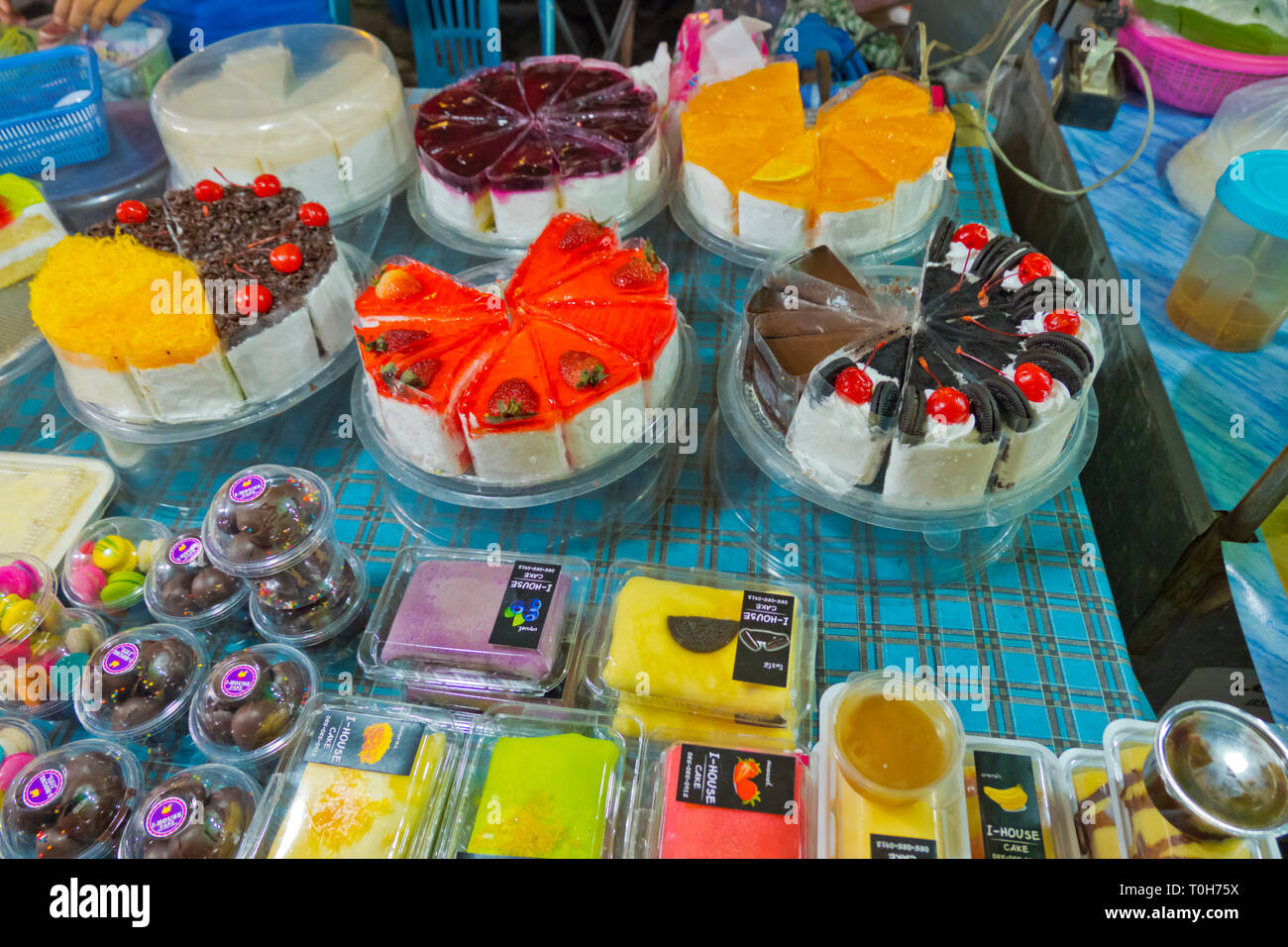 Thai cakes and other desserts, Star Night Bazaar, night market, Rayong, Thailand Stock Photo