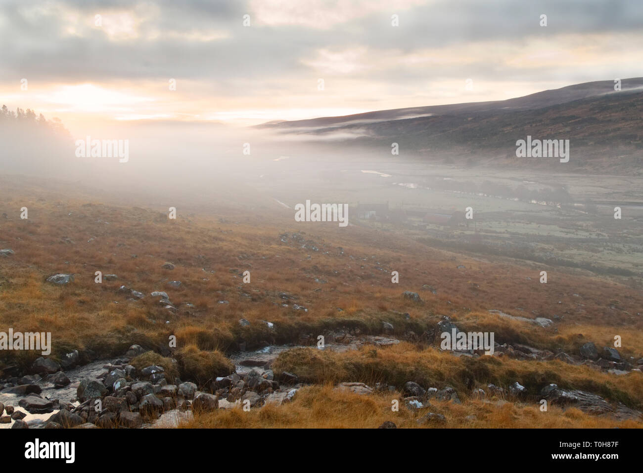 Mist patch in remote Glen Cassley, Sutherland Stock Photo