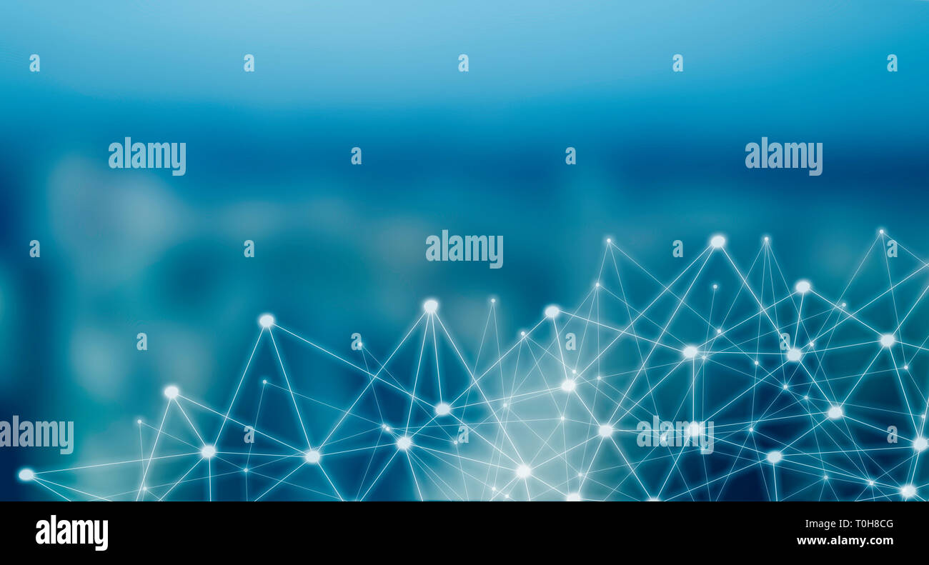 Abstract connection and communication with line dots on blue background ...