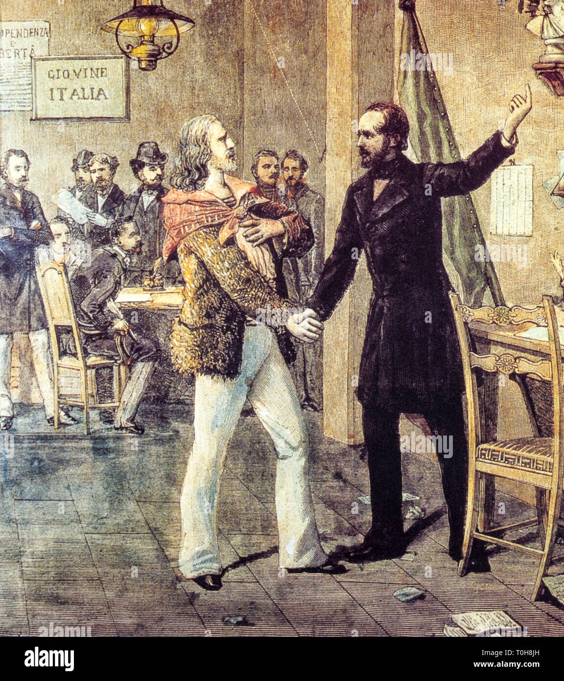 Giuseppe Mazzini and a Garibaldi young Meet to Marseilles in 1833. Garibaldi is sailor and Mazzini to convince him persuaded not to join the Sardinian military navy in order to carry out works of Conspiracy Stock Photo