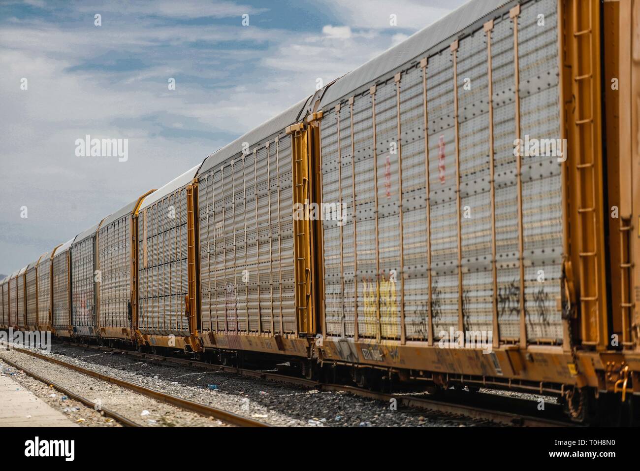 Train or Mexican railways passing through the popular colony in Ranchito and Metalera. Now conicido as Ferromex. Train station FERROMEX in Hermosillo...  Tren o ferrocarriles mexicanos en su paso por la colonia popular en Ranchito y Metalera. Ahora conicido como Ferromex. Estacion de tren FERROMEX en Hermosillo (photo: Luis Gutierrez/NortePhoto) Stock Photo