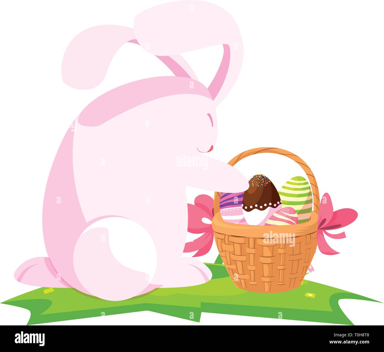 cute rabbit easter with eggs painted in basket vector illustration ...