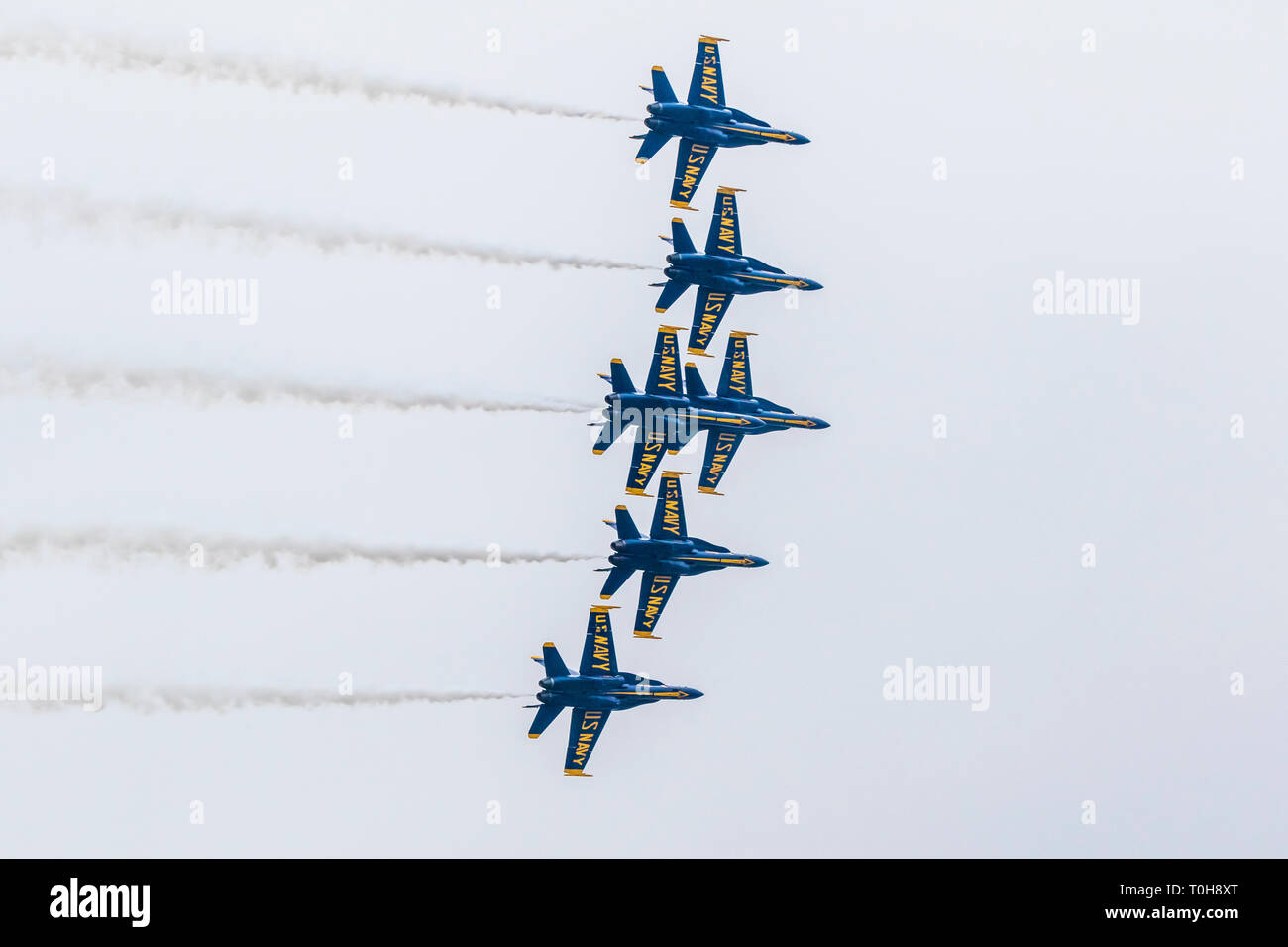 Blue Angels performance at 2018 Wings over Houston Air Show in Houston, Texas. Featured items included Blue Angels and other aviation related programs Stock Photo