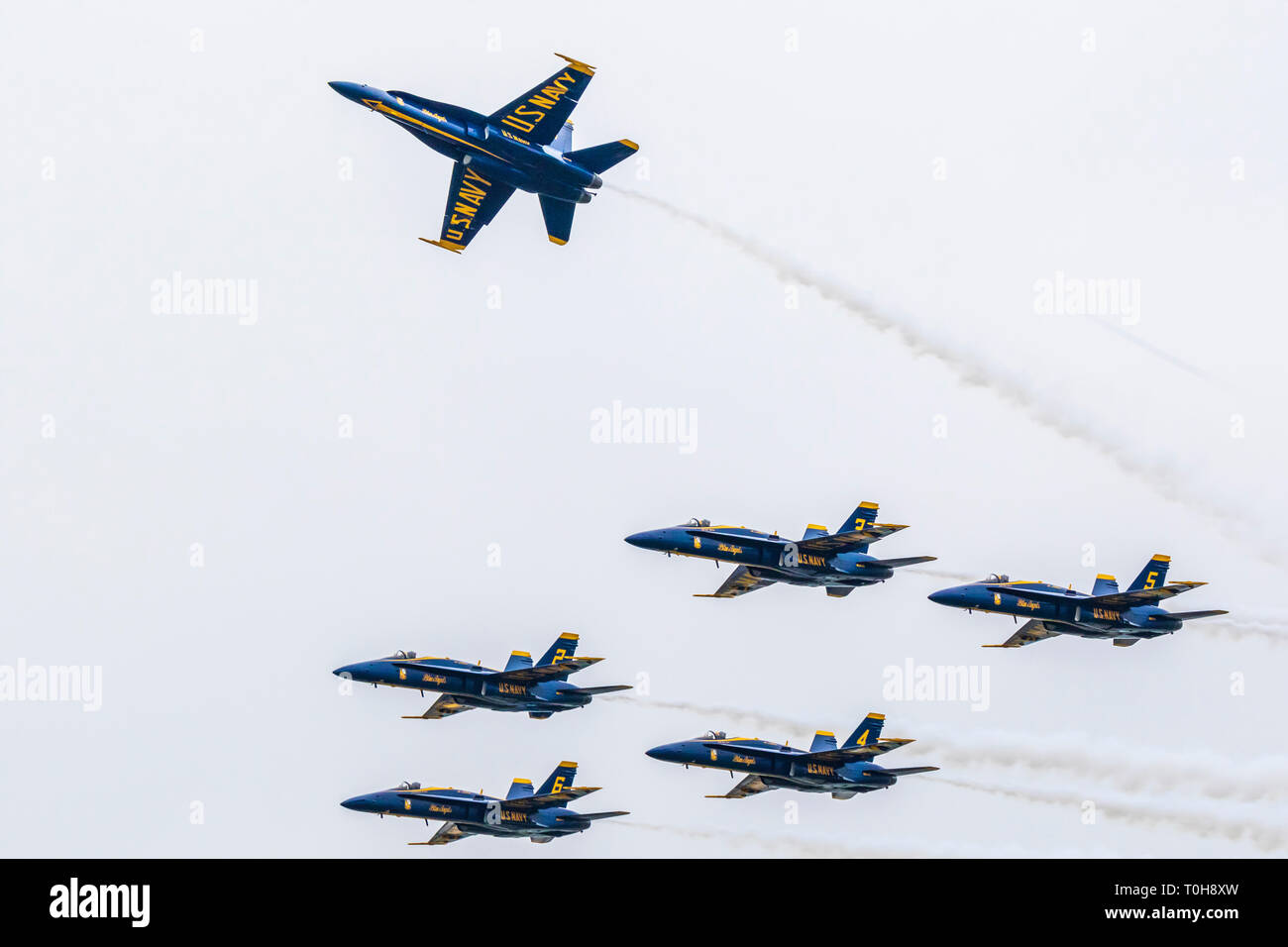 Blue Angels performance at 2018 Wings over Houston Air Show in Houston, Texas. Featured items included Blue Angels and other aviation related programs Stock Photo