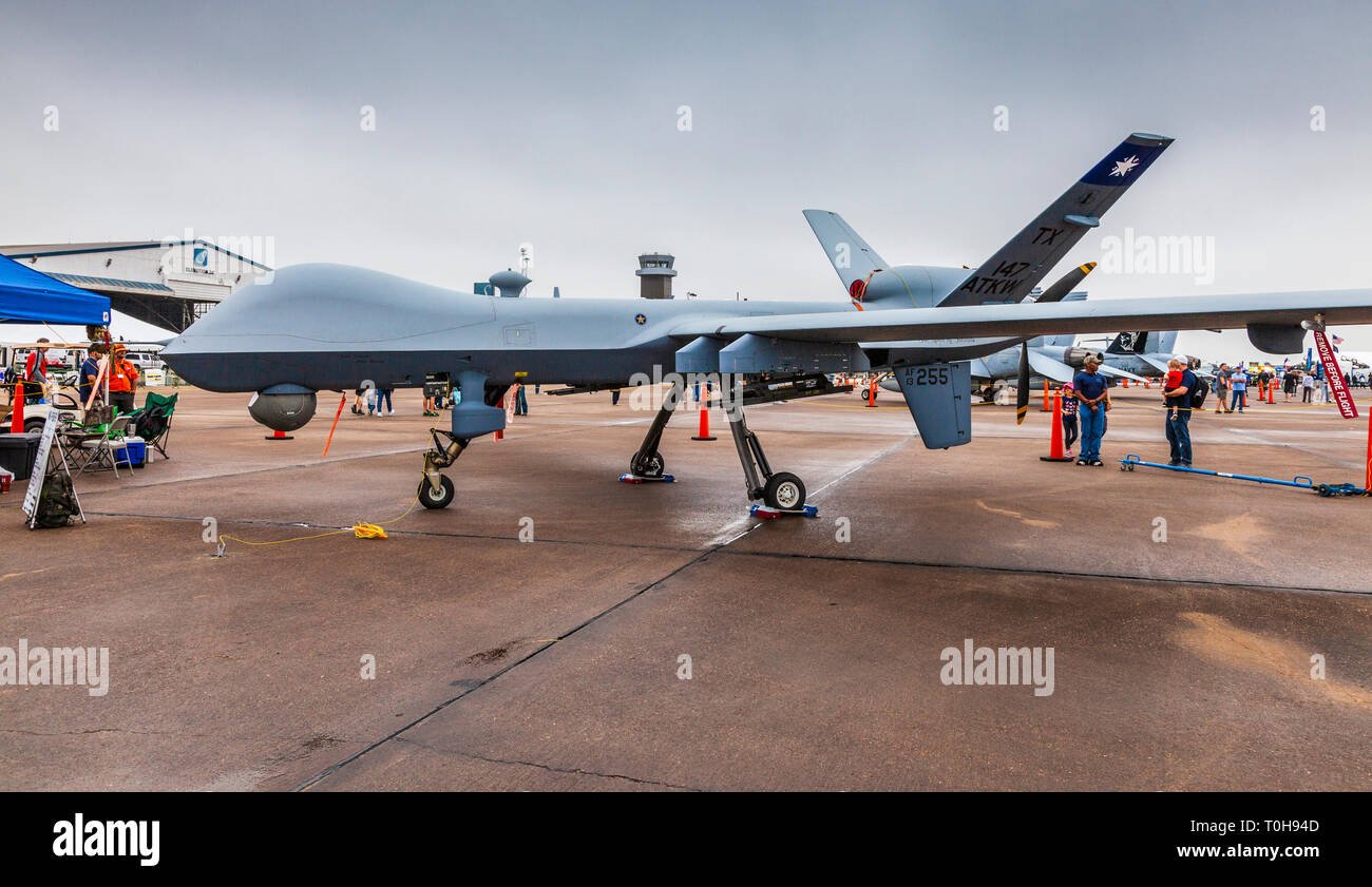 MQ-9 Reaper at 2018 Wings over Houston Air Show in Houston, Texas. Featured items included Blue Angels and other aviation related programs. Stock Photo