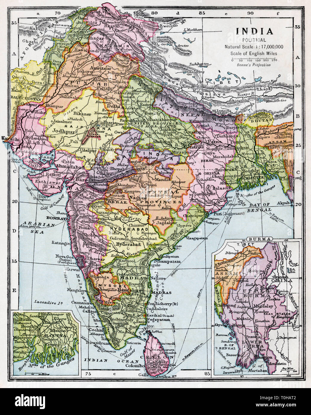 Indian political map of India, published circa 1930 Stock Photo