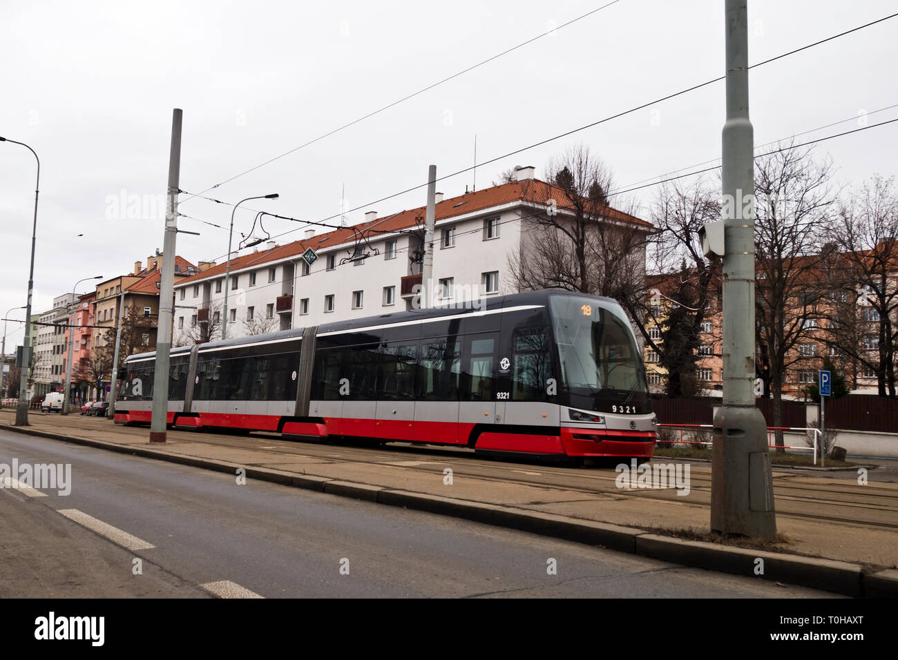 modern tramway car in the streets of Prague Stock Photo