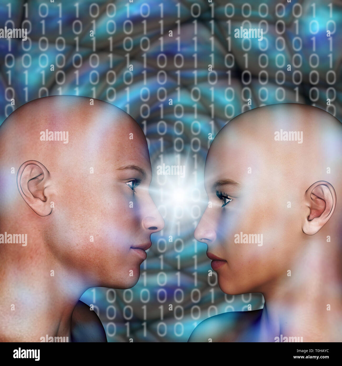 female and male humanoids with binary background, concept for virtual gender relationships, digitally created personas and artificial intelligence Stock Photo