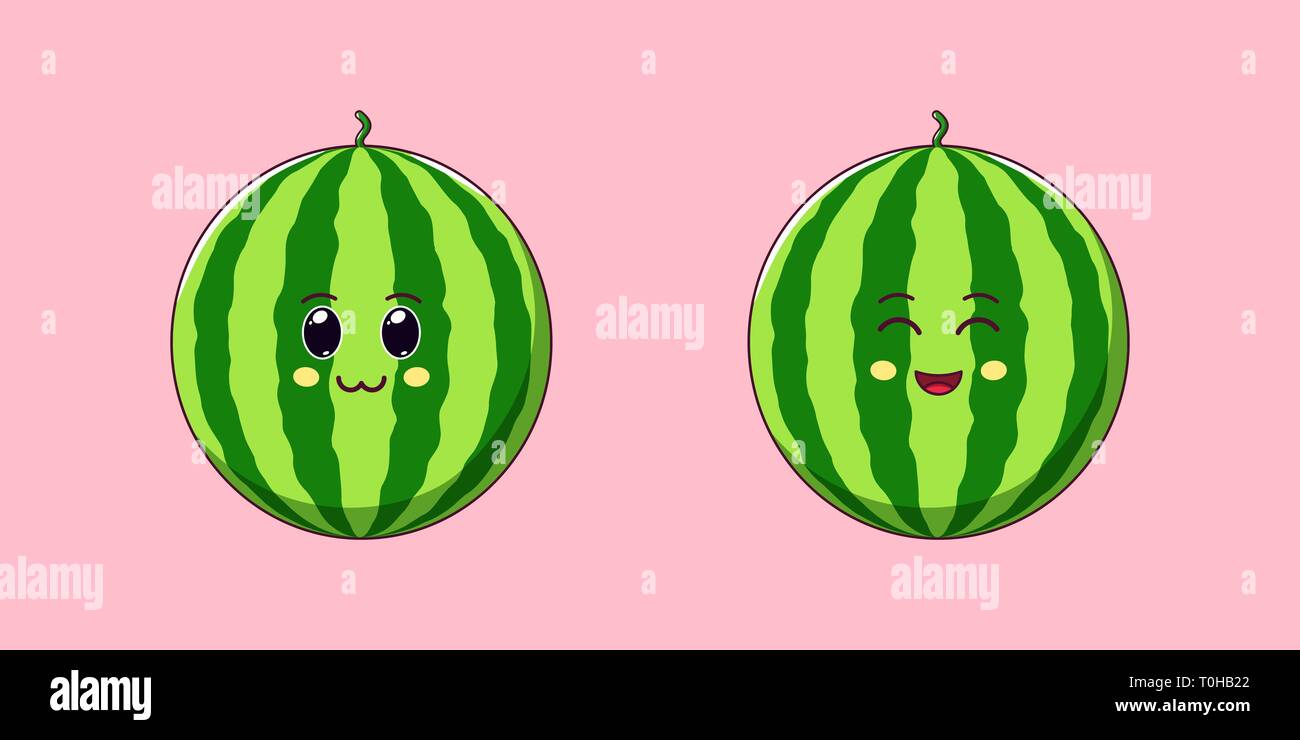 Cute Kawaii Watermelon, Cartoon Ripe Fruit. Vector illustration of Cartoon Sweet Watermelon with Charming and Cheerful Face, Funny Emoji. Juicy Tasty  Stock Vector
