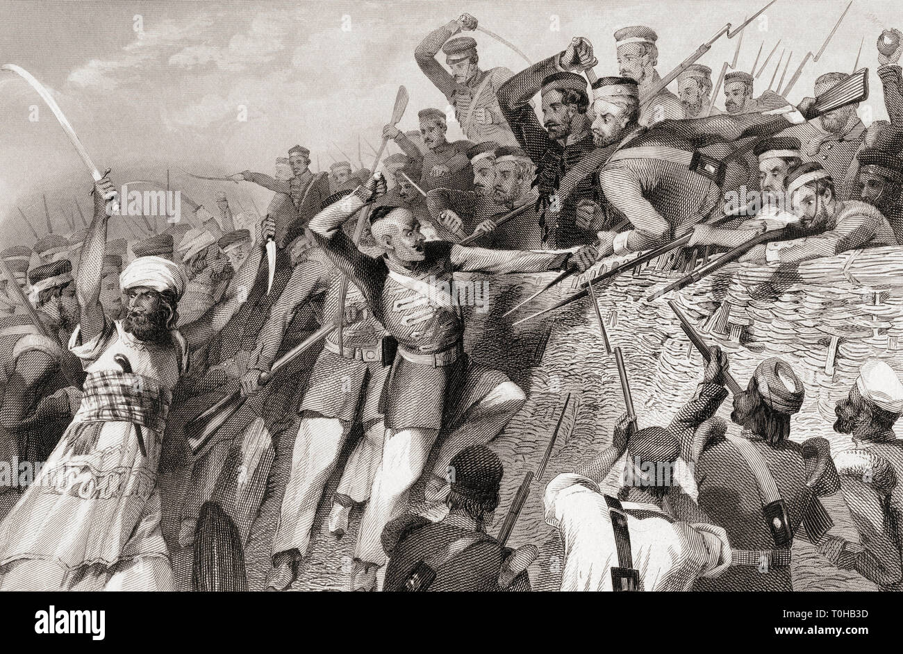 Attack of mutineers on Redan Battery, Lucknow, Uttar Pradesh, India, Asia, 1857, Indian Mutiny, Sepoy Mutiny, old vintage 1800s engraving Stock Photo