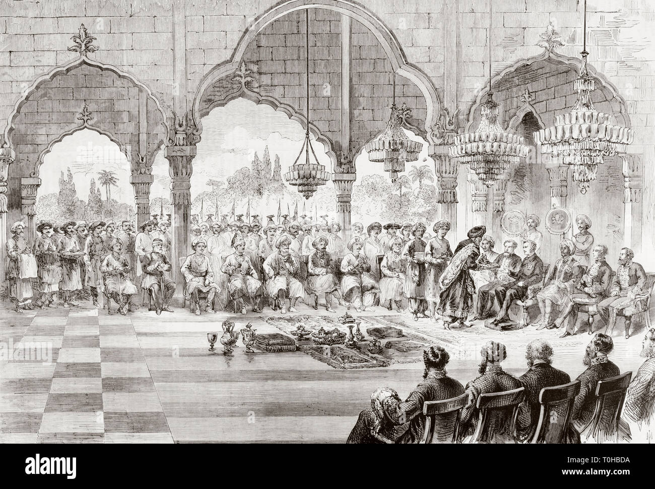 Reception for Governor General of India by Rajah of Lucknow in 1868 old vintage 1800s engraving Indian Stock Photo