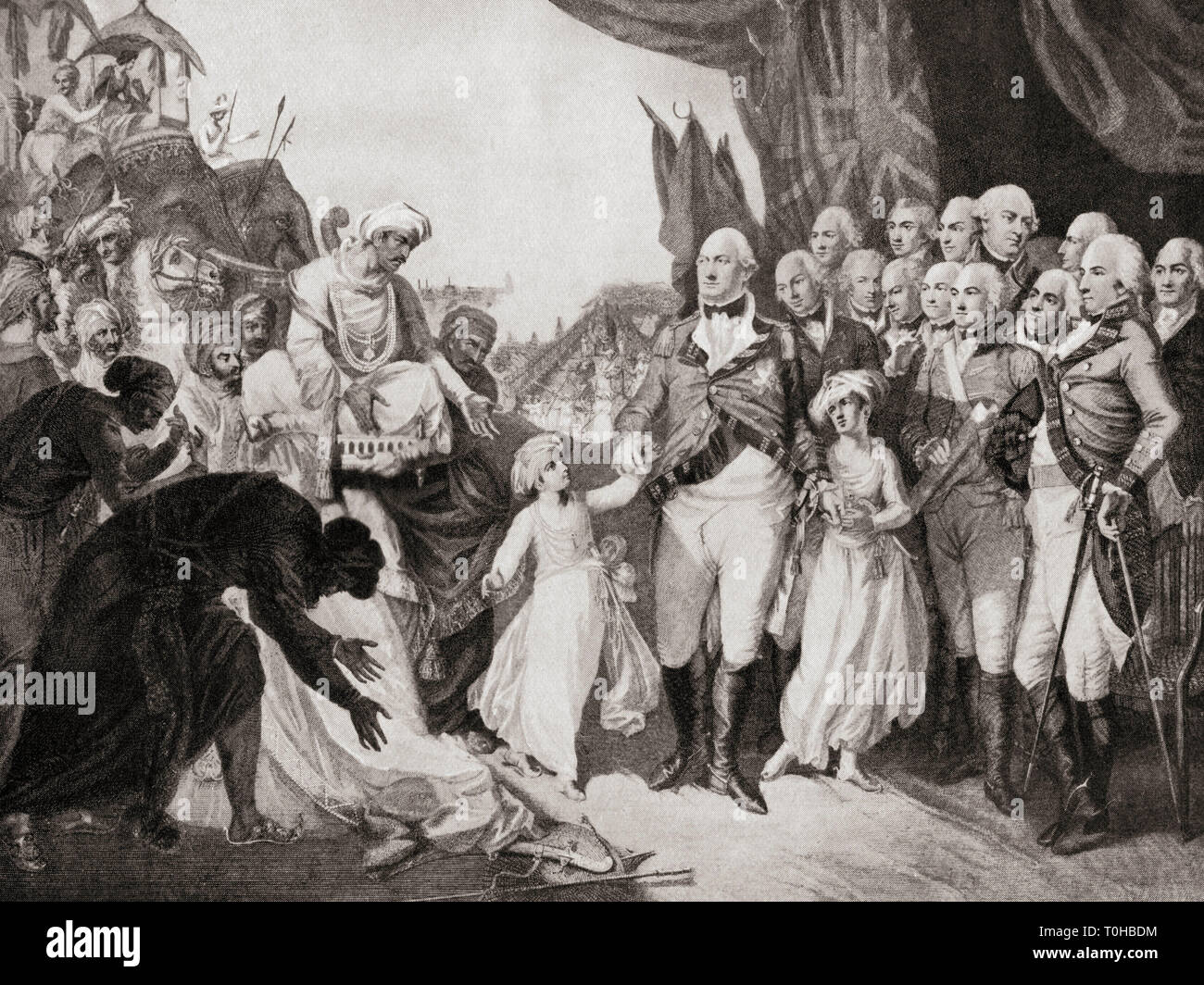 Lord Cornwallis receiving sons of Tipu Sahib as hostages in 1792 Stock Photo