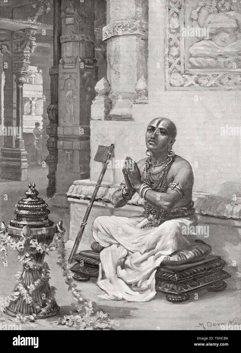 Ramanuja contemplating his philosophy of one personal God Vishnu in 1100 AD, Ramanuja, Ramanujacharya, Indian philosopher, Hindu theologian, social reformer, India, Asia, Stock Photo