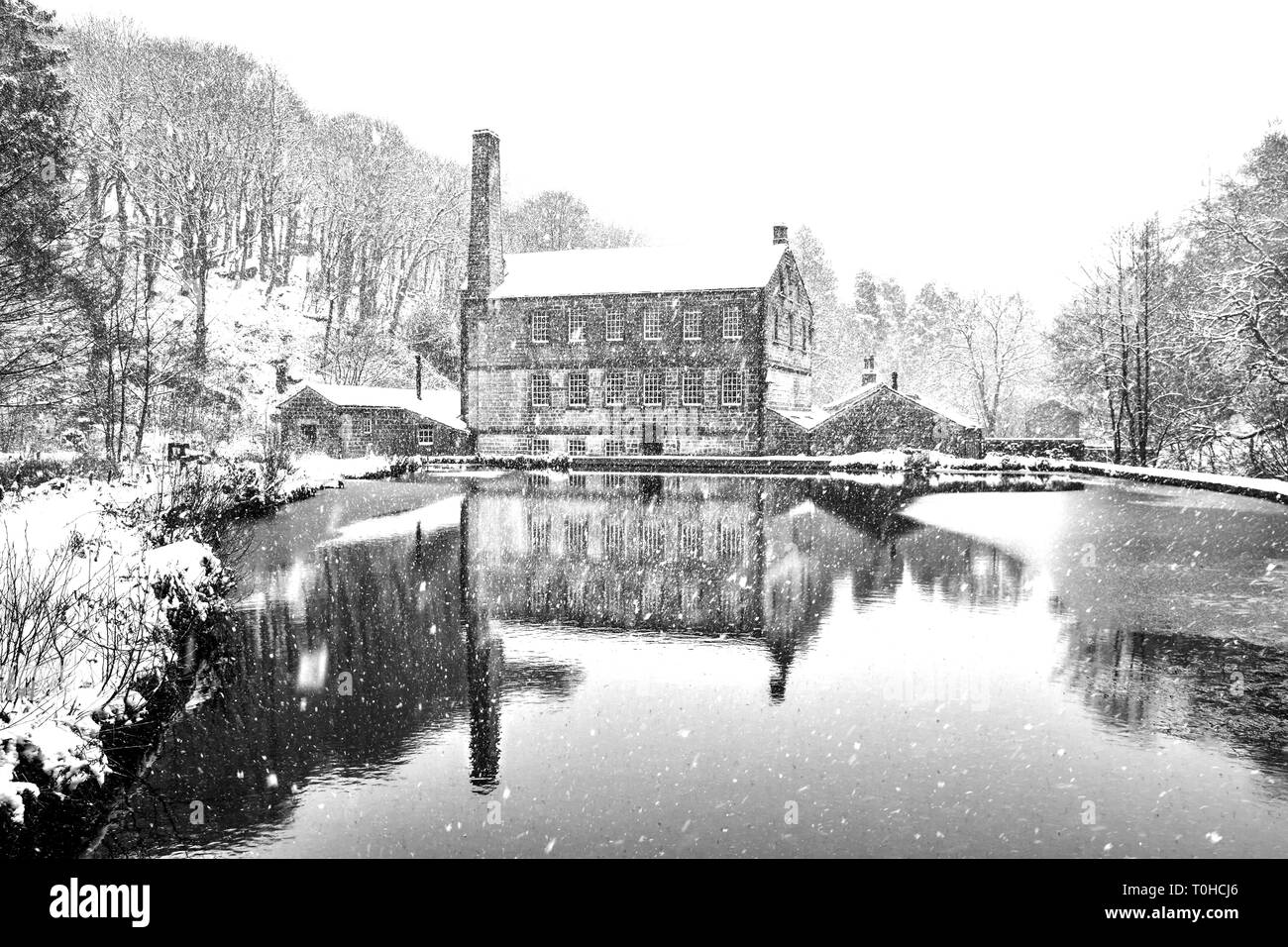 Snowing at Gibson Mill, Hardcastle Crags, Hebden bridge, Calderdale, West Yorkshire Stock Photo