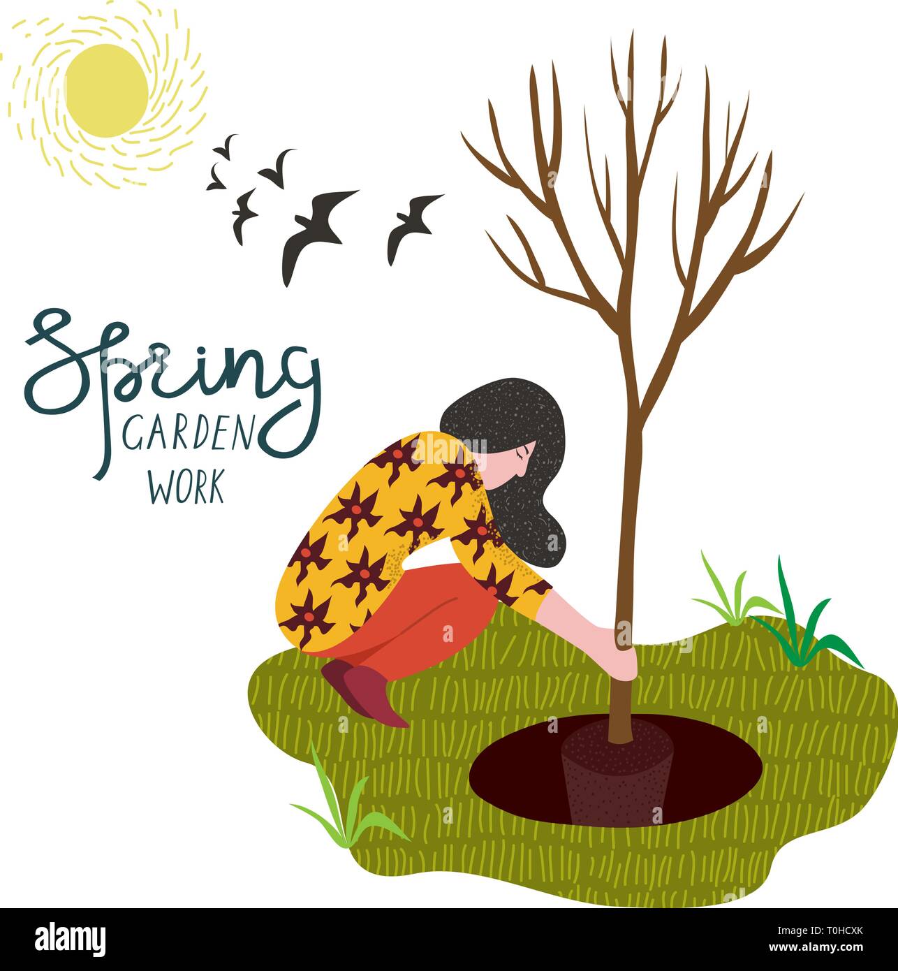 Woman planting tree in a landing hole isolated on white background. Vector illustration in flat style. Stock Vector