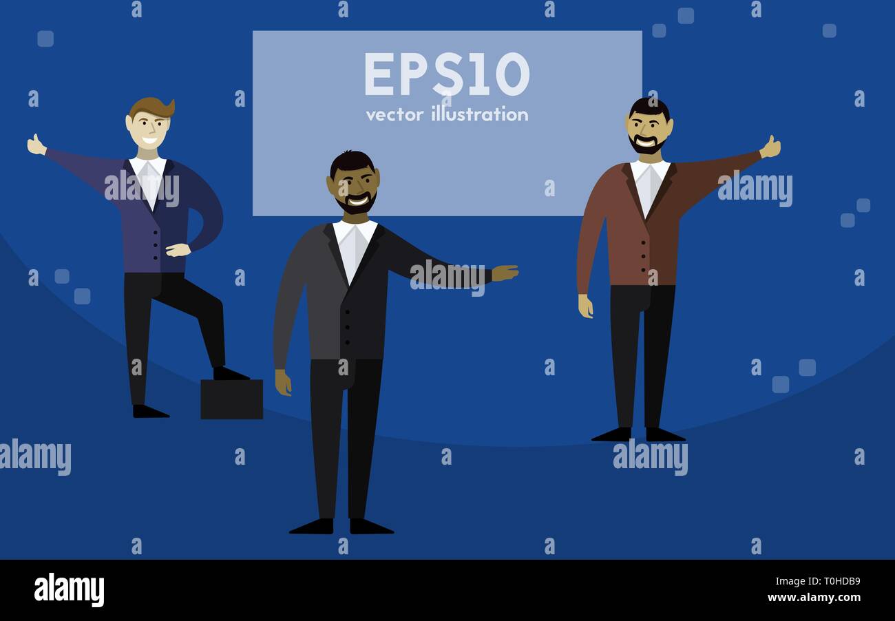 Three men are giving a presentation. Vector illustration. Flat design ...