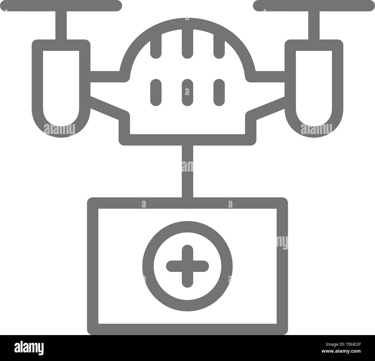 Drone with medical box, fast delivery, transportation line icon. Stock Vector