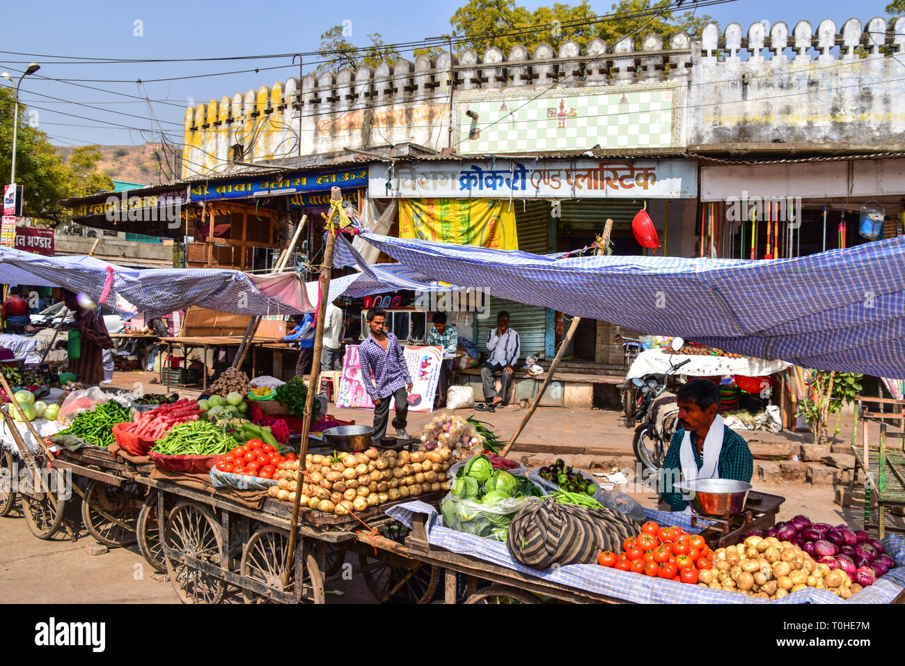 Fruit & Veg market carts, Bundi, Rajasthan, India Stock Photo