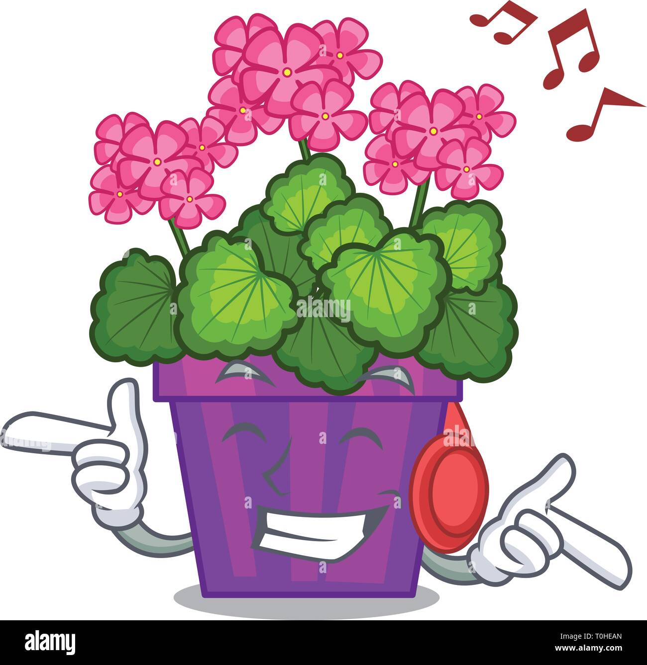 Listening music geranium flowers in the cartoon pot Stock Vector