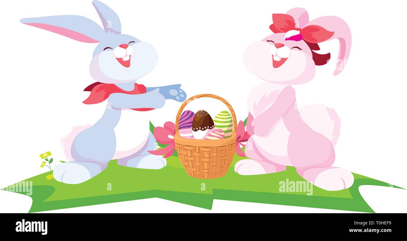 cute rabbits couple with eggs painted in basket vector illustration ...