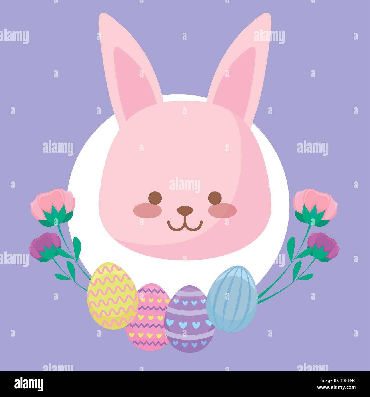head of cute rabbit with flowers and eggs of easter vector illustration ...