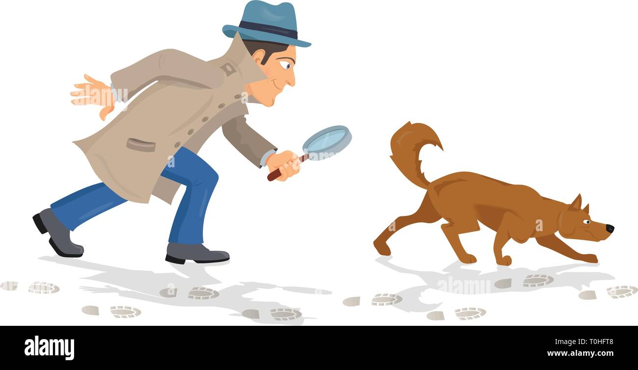 detective with magnifying glass and tracker dog hunting traces Stock Vector