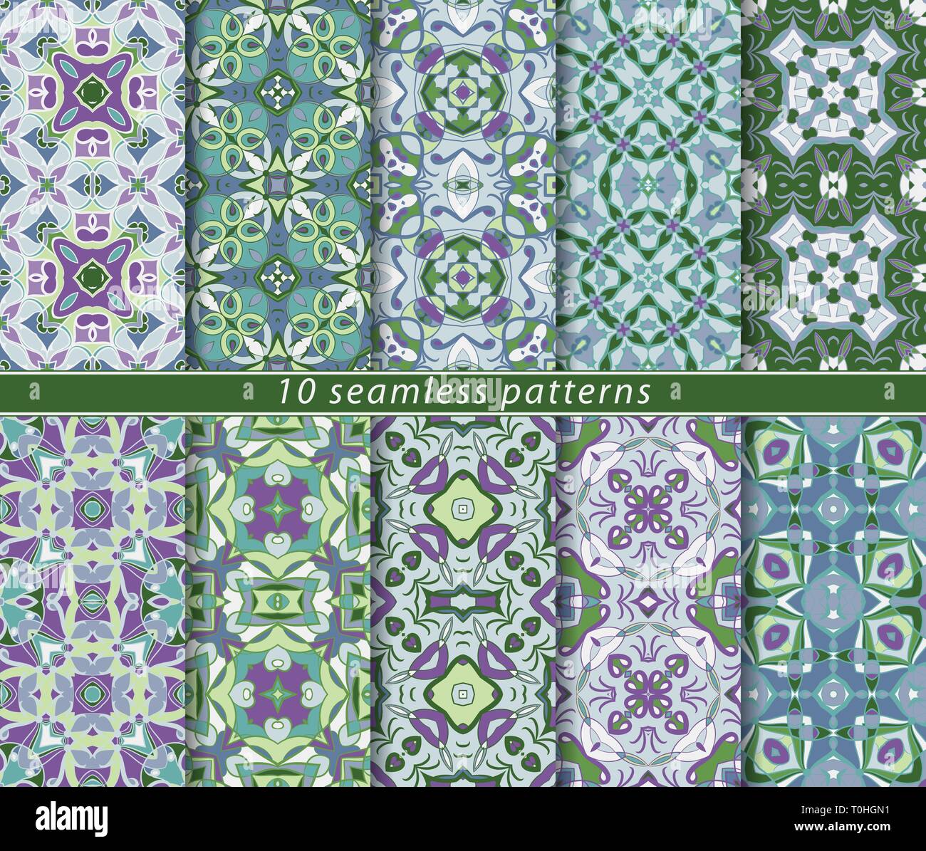 Set of ten classic seamless patterns in shades of blue and green. Decorative and design elements for textile, book covers, manufacturing, wallpapers,  Stock Vector