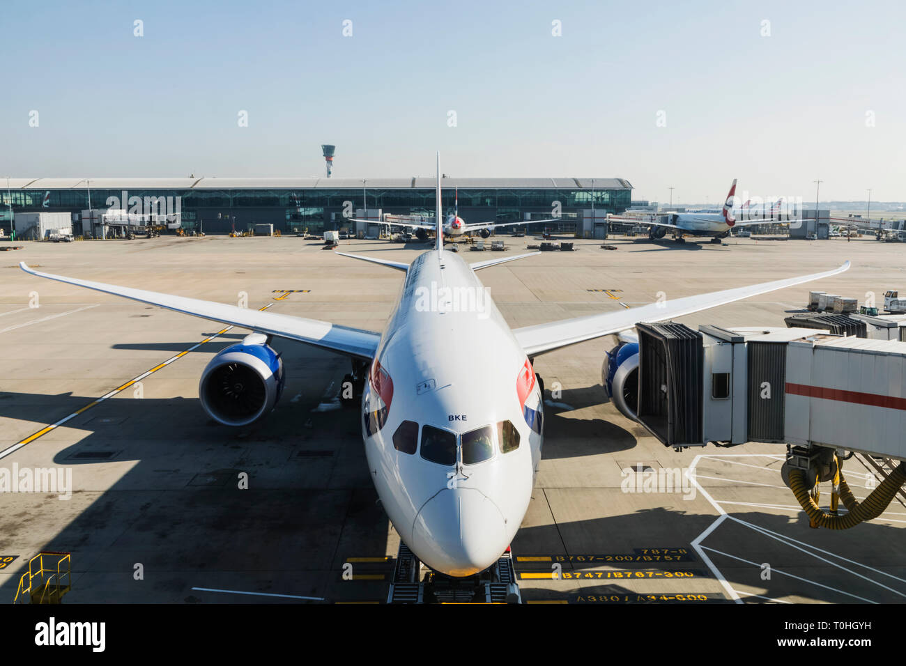 England, London, Heathrow Airport, Terminal 5, British Airways Plane and Airport Ramp Stock Photo