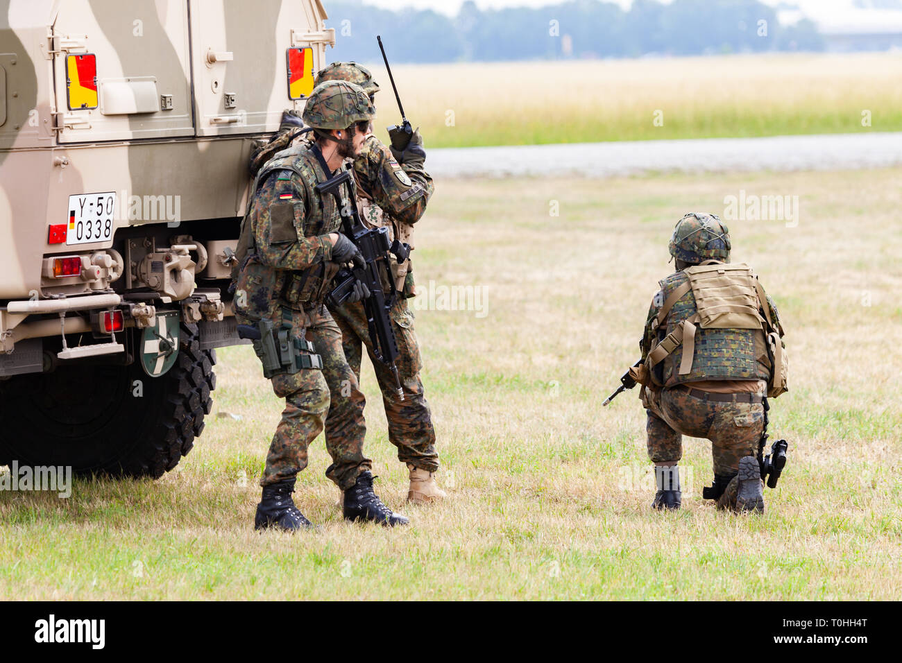 FELDKIRCHEN / GERMANY - JUNE 9, 2018: German soldiers on an exercise at open day on day of the Bundeswehr in Feldkirchen Stock Photo