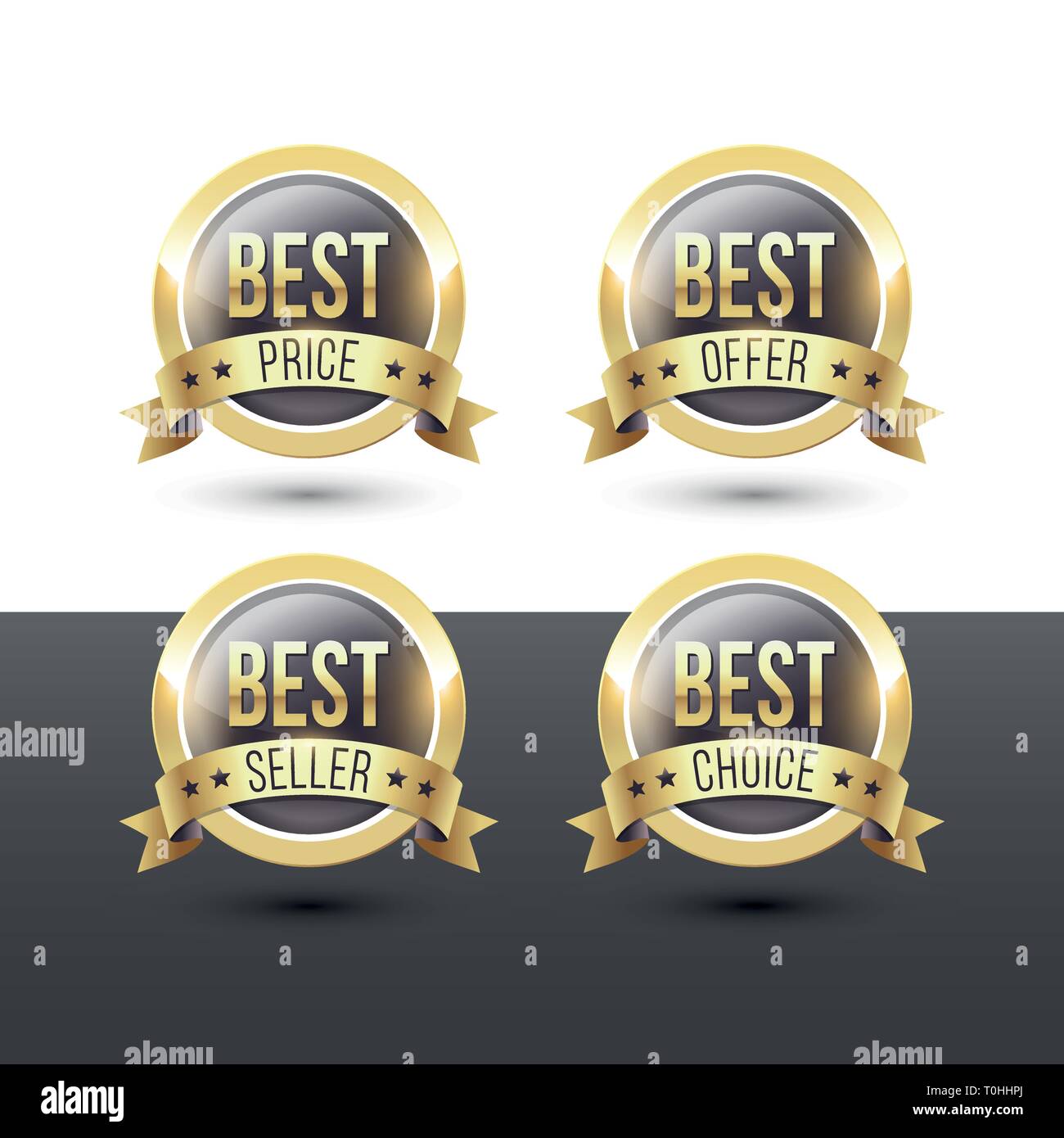 Vector icons set of round quality labels with metallic gold border and ribbon banner. Best price. Best offer. Best seller. Best choice. Stock Vector