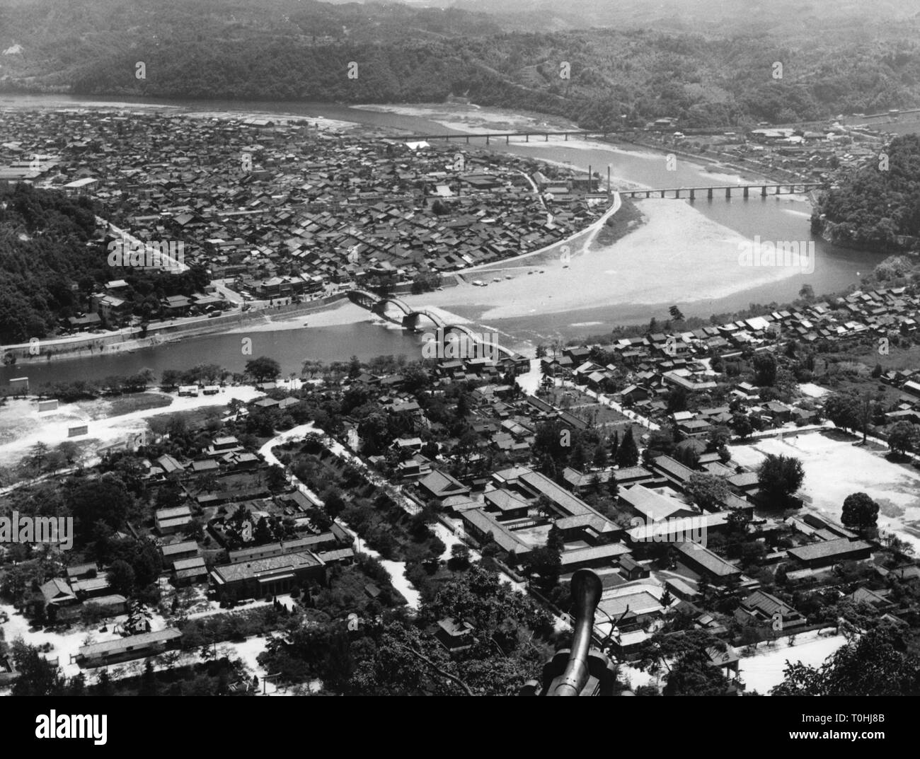 geography / travel, Japan, cities, Iwakuni, city views / cityscapes, Nishiki river with Kintai Bridge, aerial shoot, October 1963, Additional-Rights-Clearance-Info-Not-Available Stock Photo