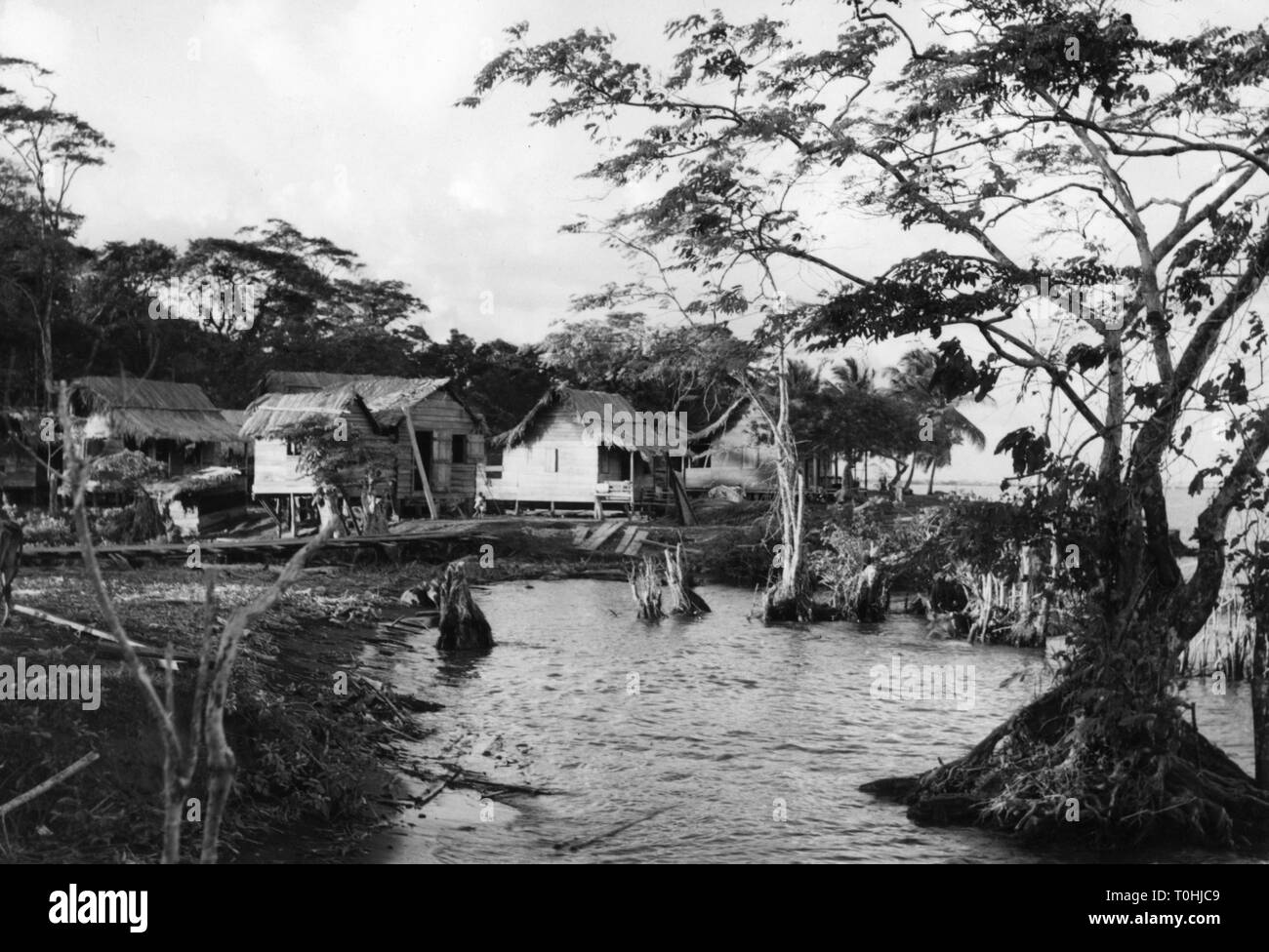 geography / travel, Costa Rica, landscapes, huts at waterside, 1960s, Additional-Rights-Clearance-Info-Not-Available Stock Photo