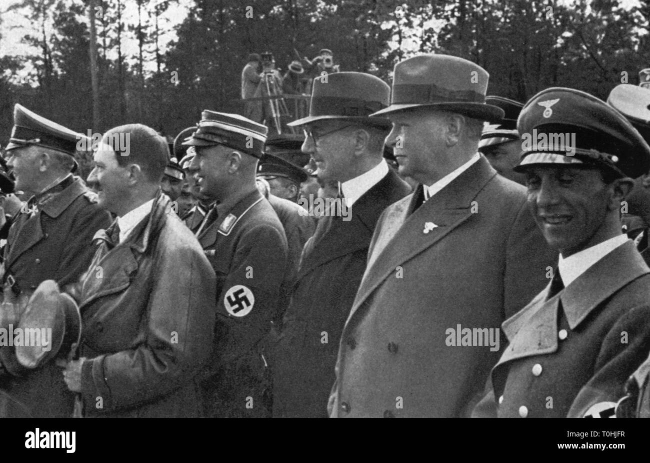 National Socialism, architecture, motorway construction, opening of the route Frankfurt - Darmstadt, lefthand: Imperial War Minister Werner von Blomberg, Inspector General Fritz Todt, President of the Reichsbank Hjalmar Schacht, managing-director of the Reichsbahn Julius Dorpmueller, Reich Minister of Propaganda Joseph Goebbels, 1935, Additional-Rights-Clearance-Info-Not-Available Stock Photo