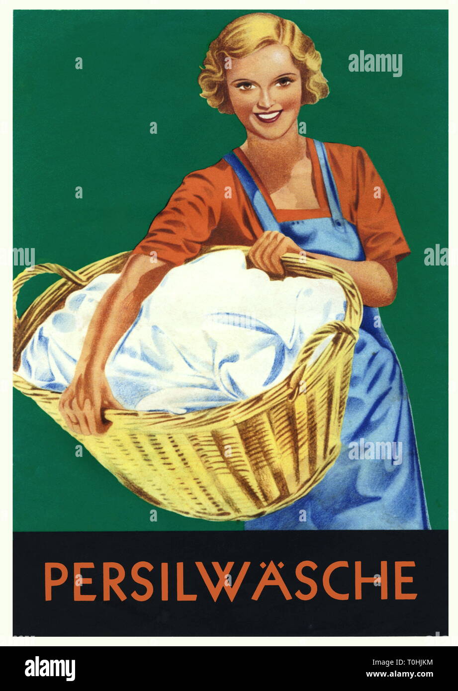 household, laundry, housewife with laundry basket, advertising for washing powder Persil, brochure of the Persil association Henkel and Voith m.b.H., Vienna, Austria, 1935, Additional-Rights-Clearance-Info-Not-Available Stock Photo