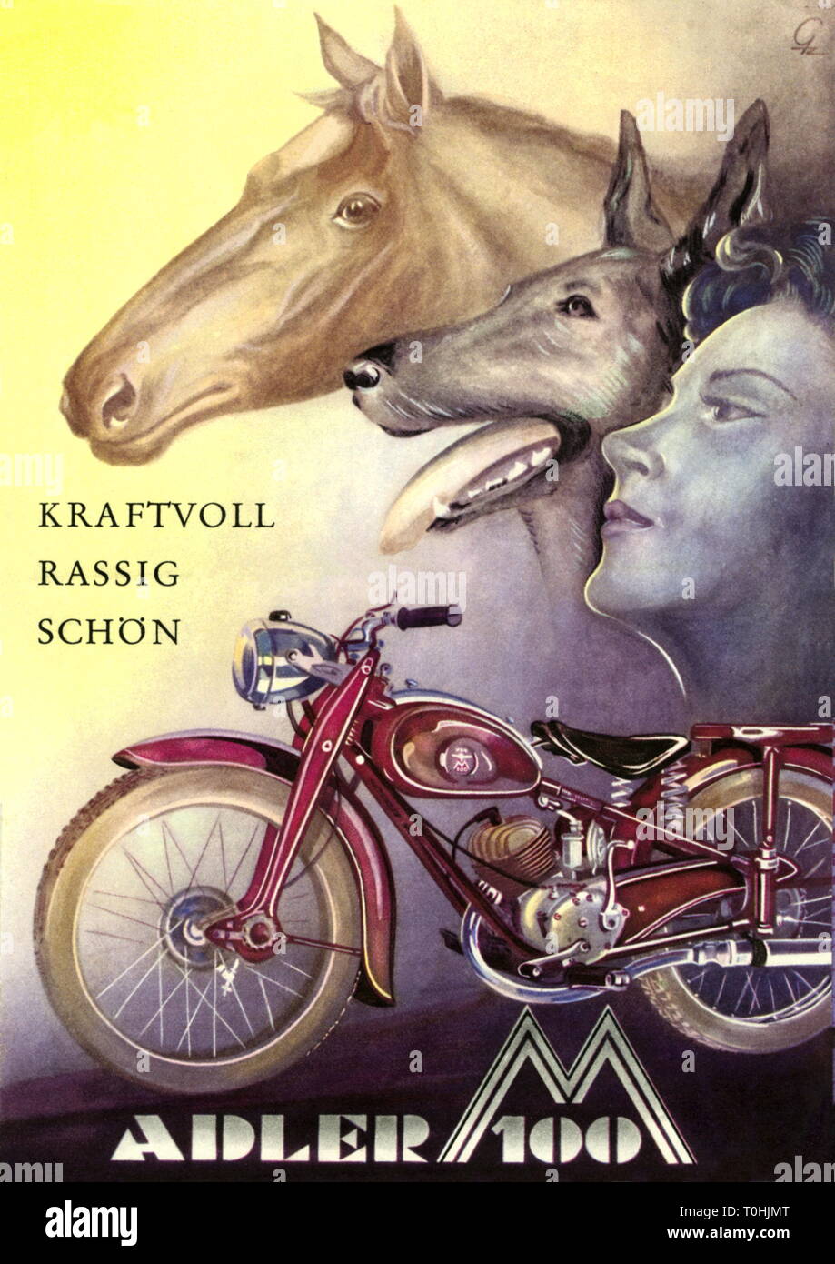 advertising for motorcycle Adler M 100, advertising slogan powerful, racy,  beautiful, as symbol horse's head, dog head, woman's head, small motorcycle  of the Adler company Frankfurt on the Main, two-stroke engine, air-cooled